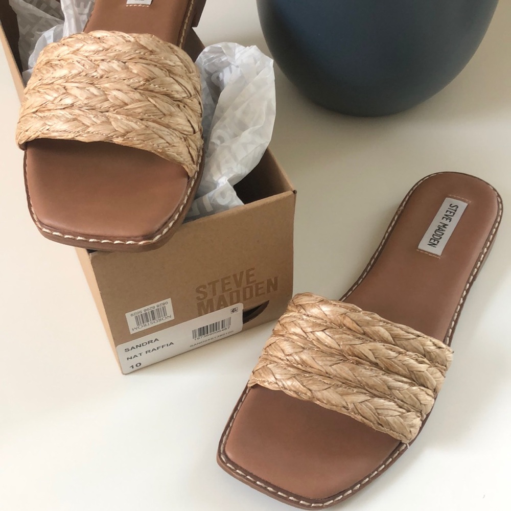 Steve Madden “Sandra” natural raffia slides, size 10. Like new!